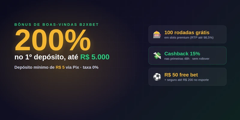 Bônus de boas-vindas de 200% até R$ 5.000 com rodadas grátis e cashback.